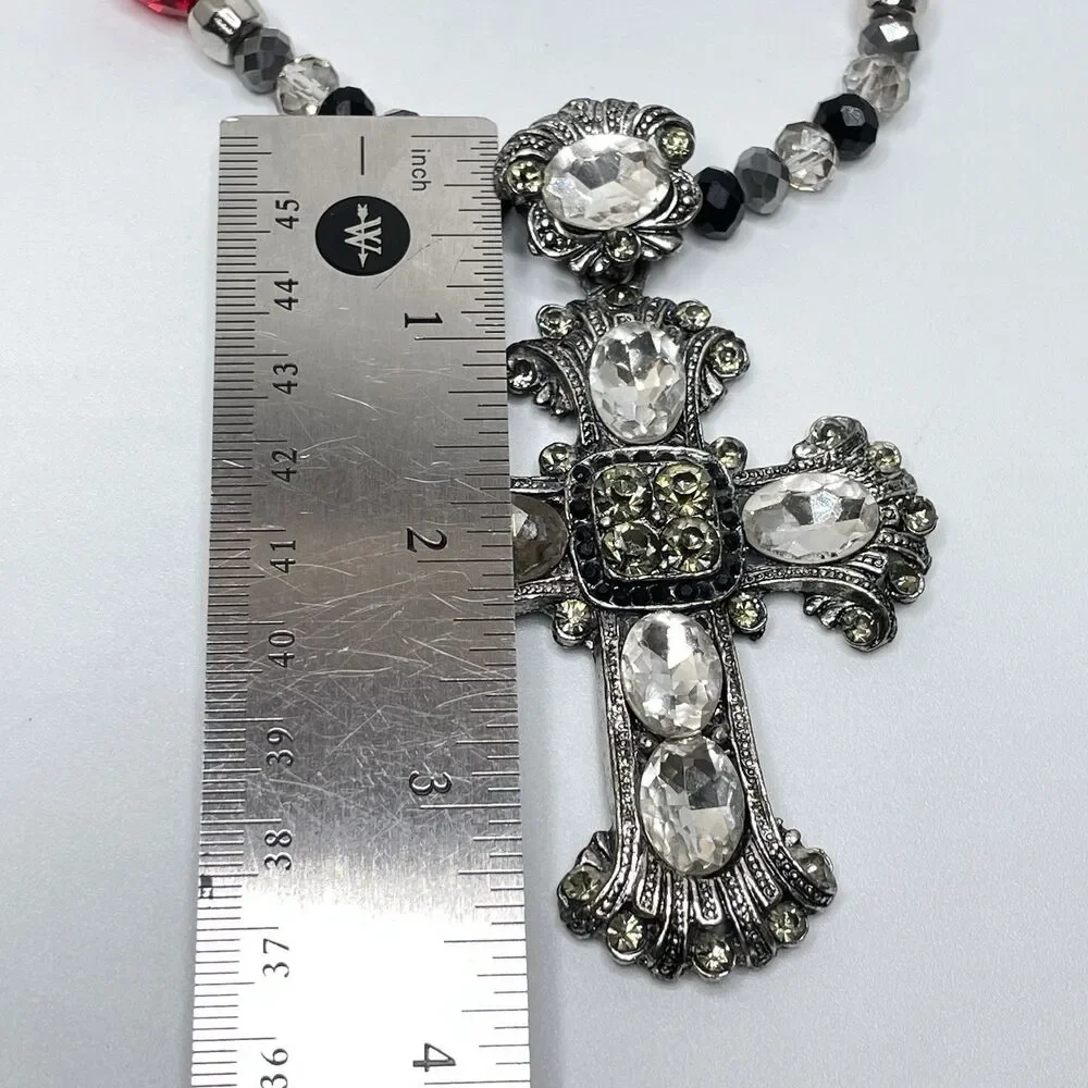 Artisan Gothic Cross Pendant Red Black White Glass Beaded Necklace Statement
